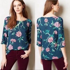 Anthropologie HD in Paris "Eira" Floral/ Hydrangeas Print Teal Green Blouse Sz 4